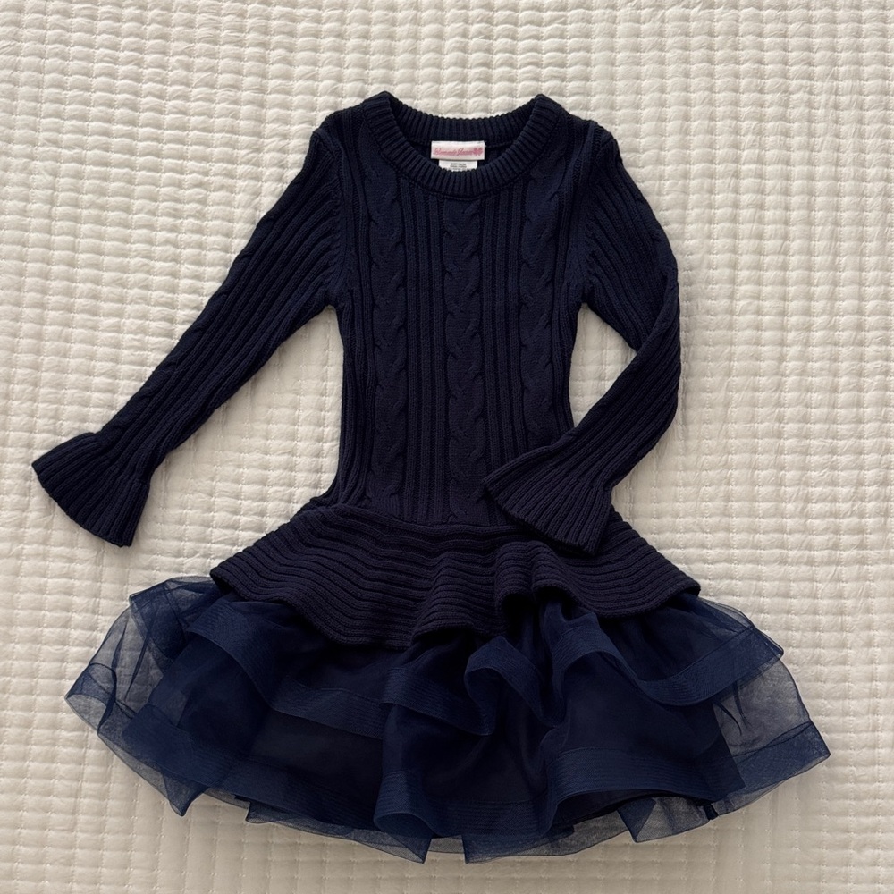 Bonnie Jean navy Cable Knit Dress with Tulle Skirt